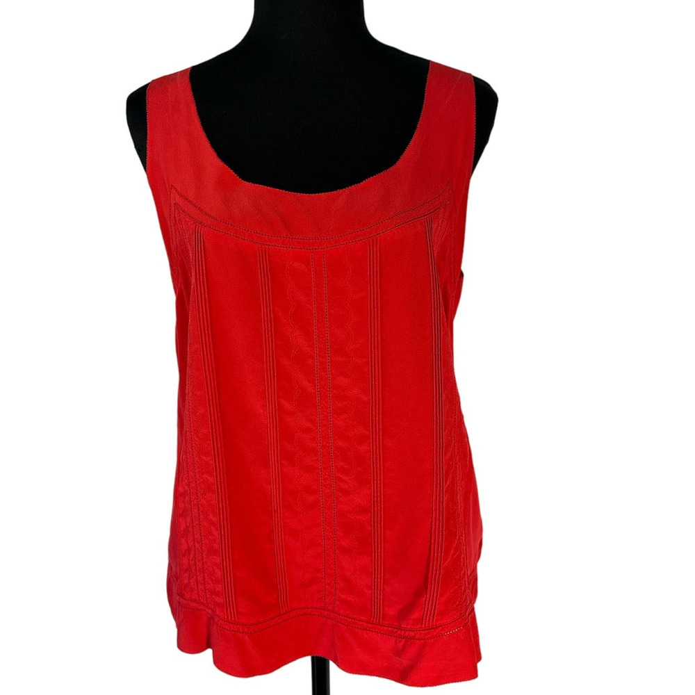 Fossil Tomato Red Silk Pin Tuck Laser Cut Tank Top, Size M